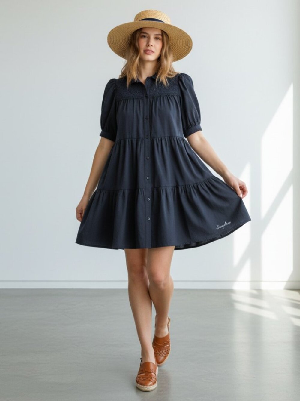 Umgee NWT Navy Tiered Babydoll Dress Puff Sleeve Boutique Mini Large